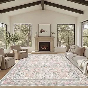 Floral Boho 8x10 Area Rugs, Low Pile Wool Carpets