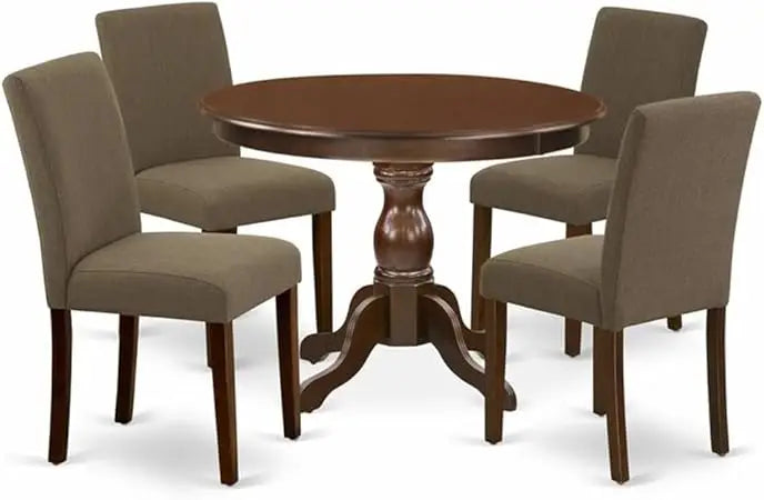 5-Piece Dining Set with Round Pedestal Table and Four Coffee Linen Chairs