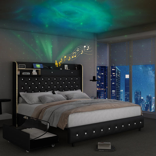 LED Bed Frame, Star Projector, Storage, Charging Station