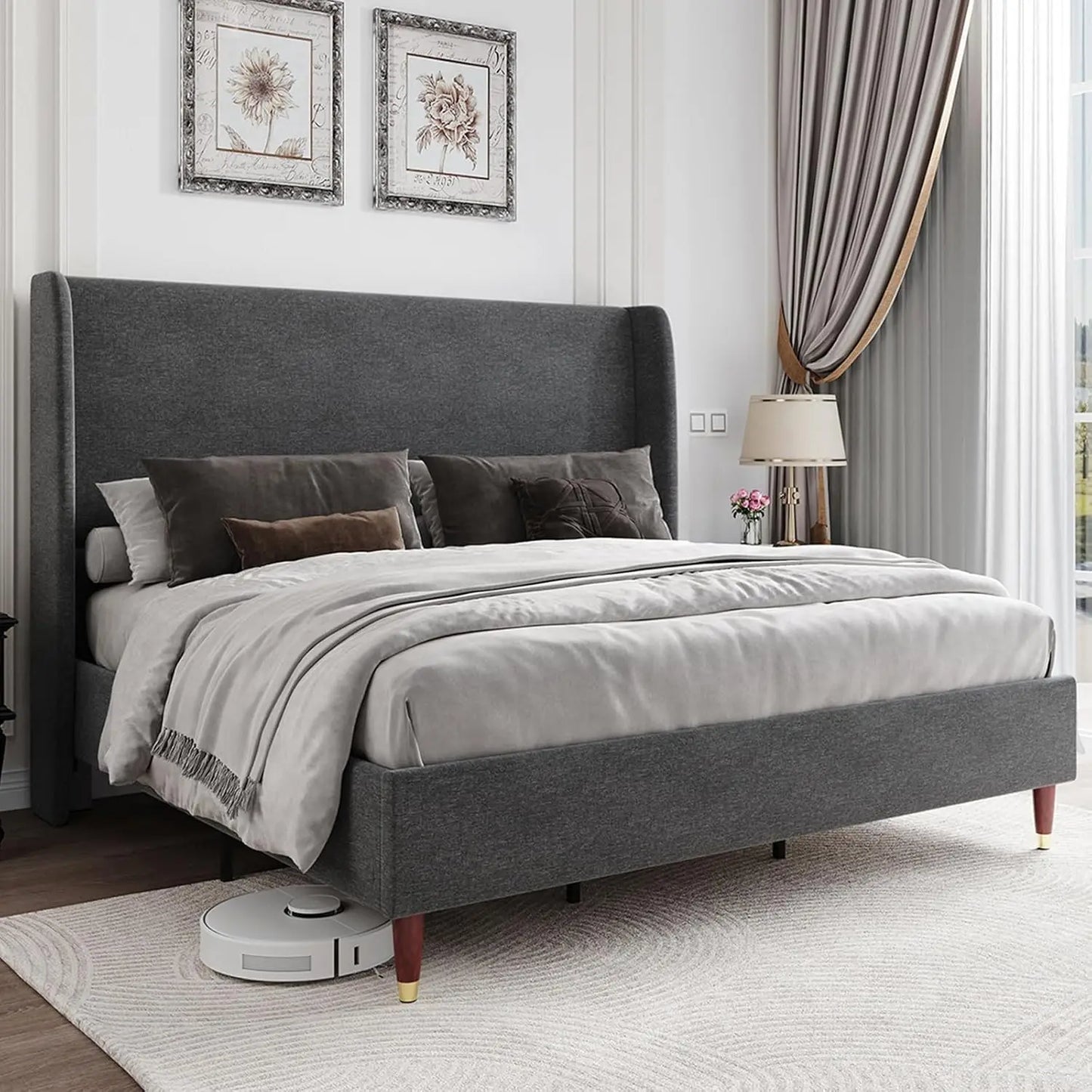 Upholstered Platform Bed, Wingback Headboard, No Box spring Needed
