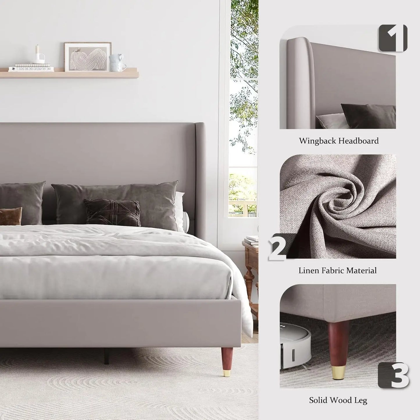 Upholstered Platform Bed, Wingback Headboard, No Box spring Needed