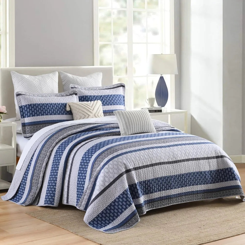 Queen Size 100% Cotton Quilt Bedding Set - Gray Blue