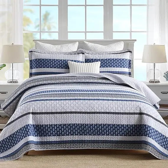 Queen Size 100% Cotton Quilt Bedding Set - Gray Blue