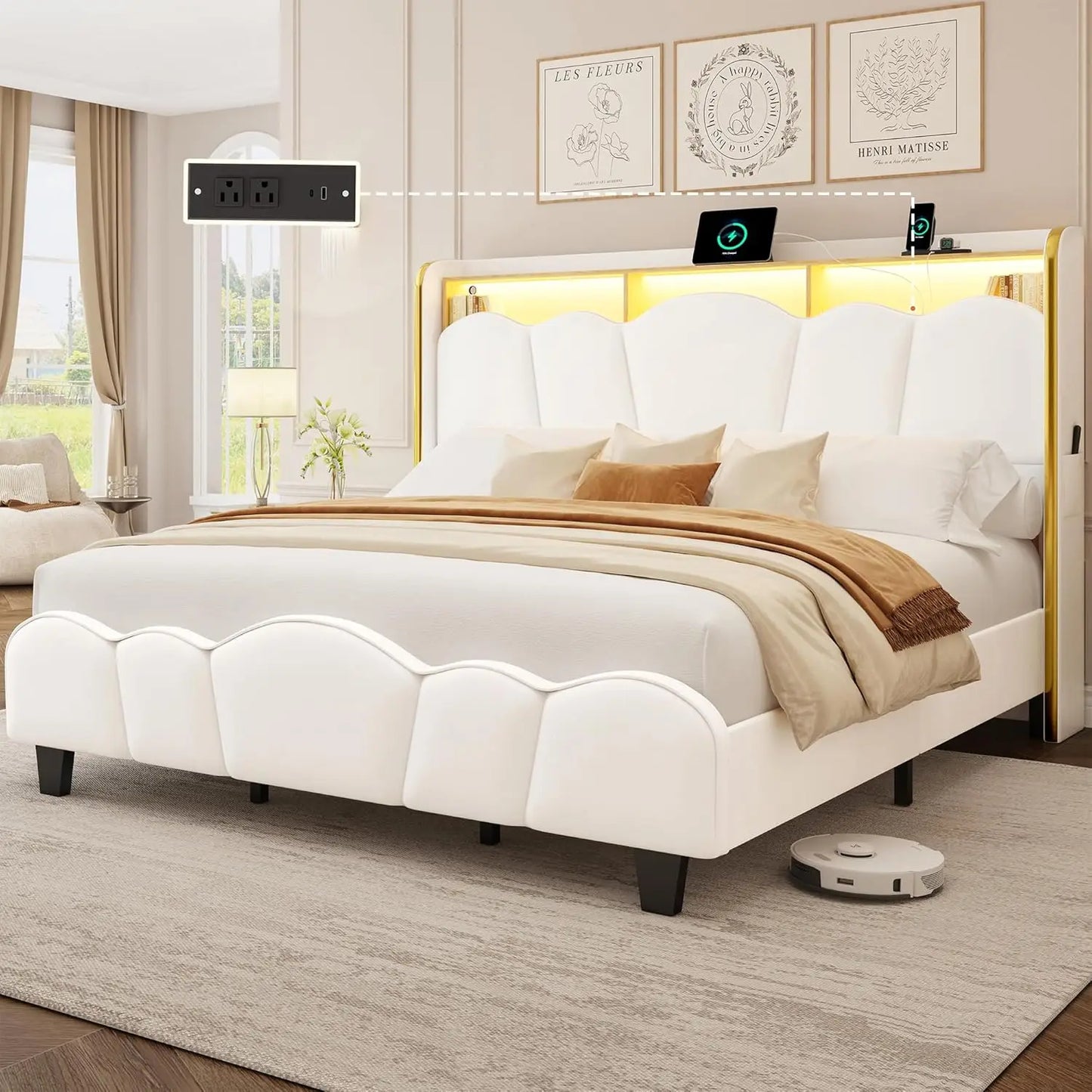 Velvet Bed Frame, LED, Charging, Gold Trim