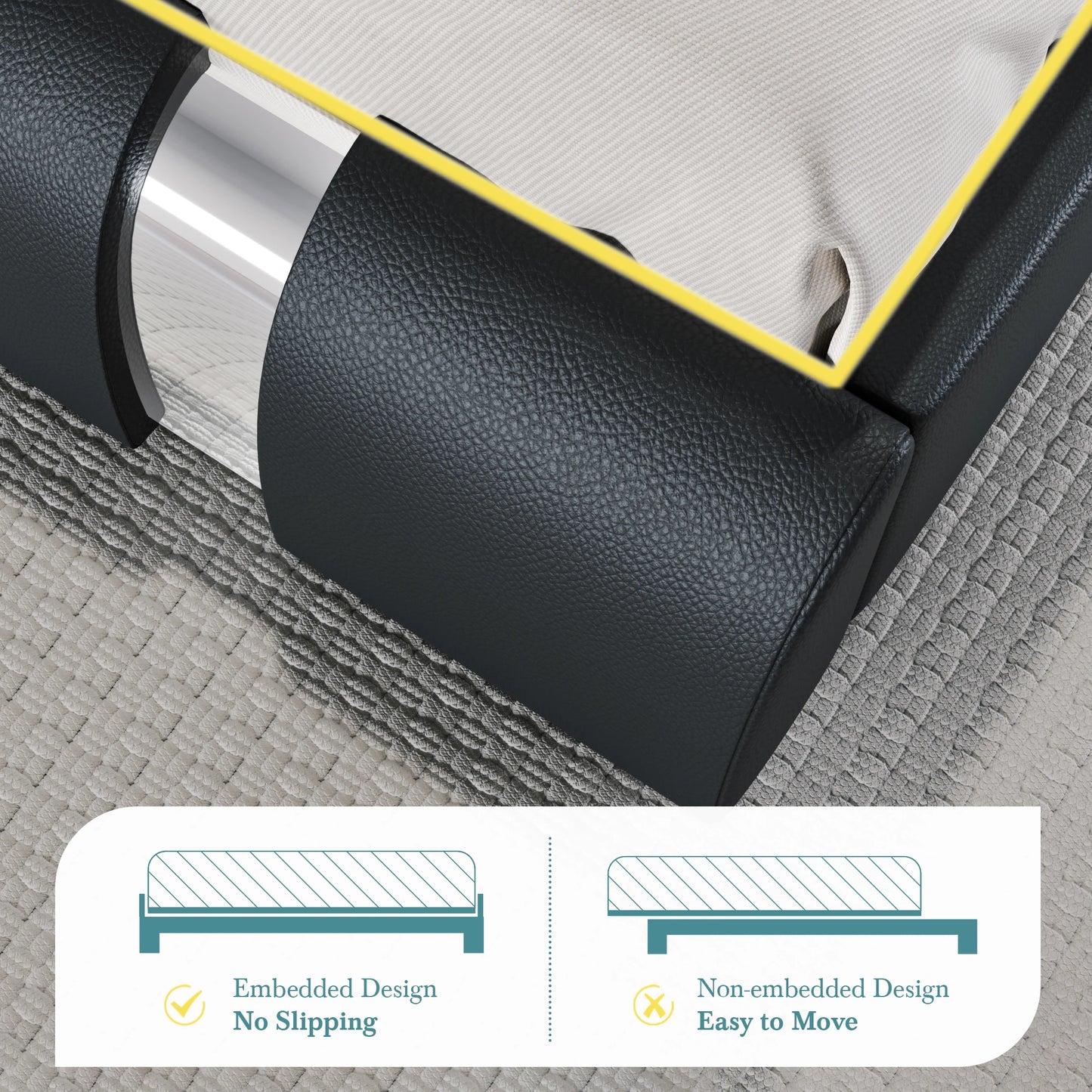 Modern Faux Leather Platform Bed Frame With Iron Accents