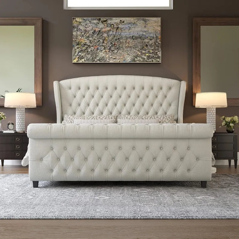 Chenille Sleigh Bed, Tufted Wingback Headboard