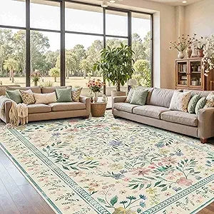 Floral Boho 8x10 Area Rugs, Low Pile Wool Carpets