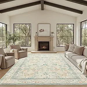 Floral Boho 8x10 Area Rugs, Low Pile Wool Carpets