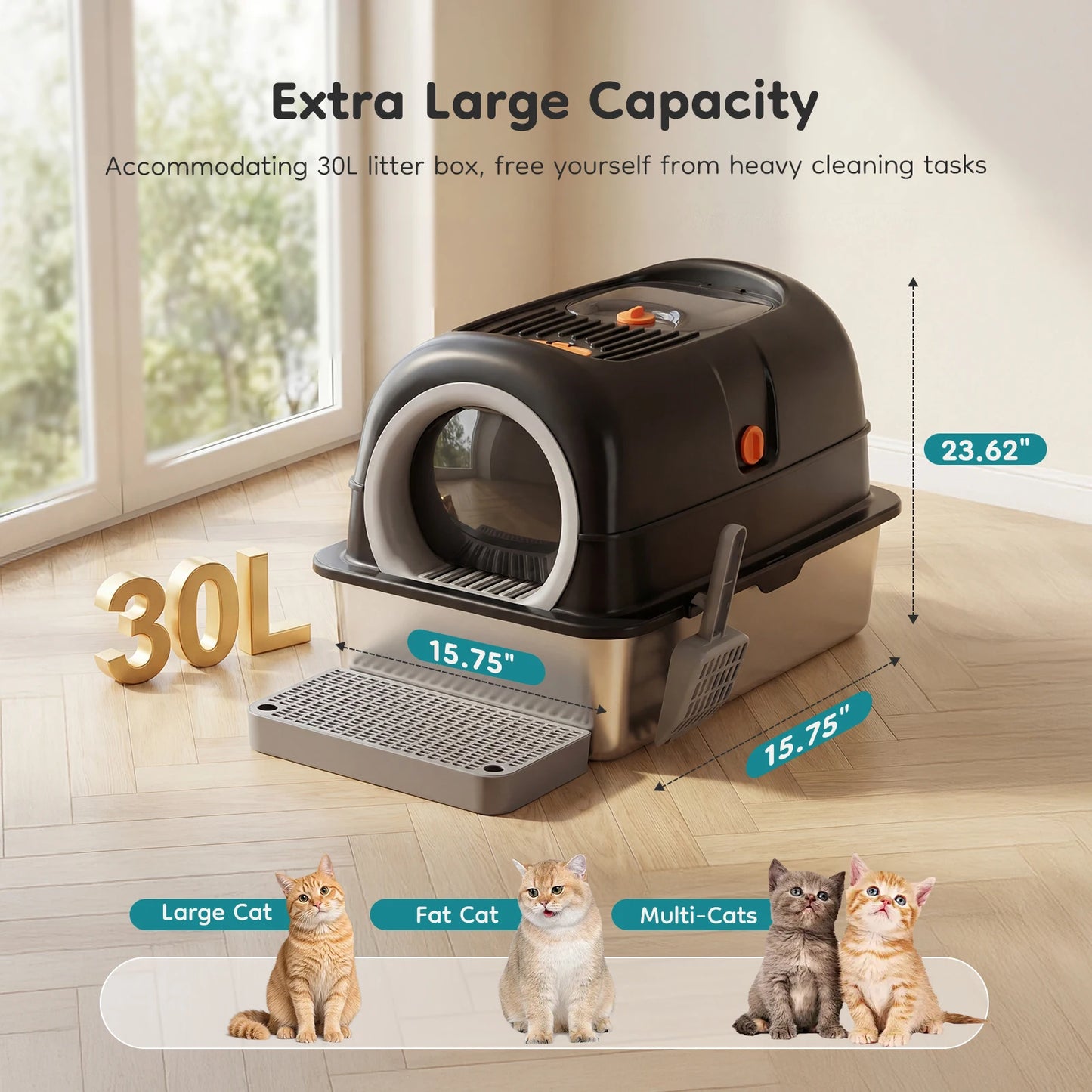 24IN Stainless Steel Cat Litter Box With Lid
