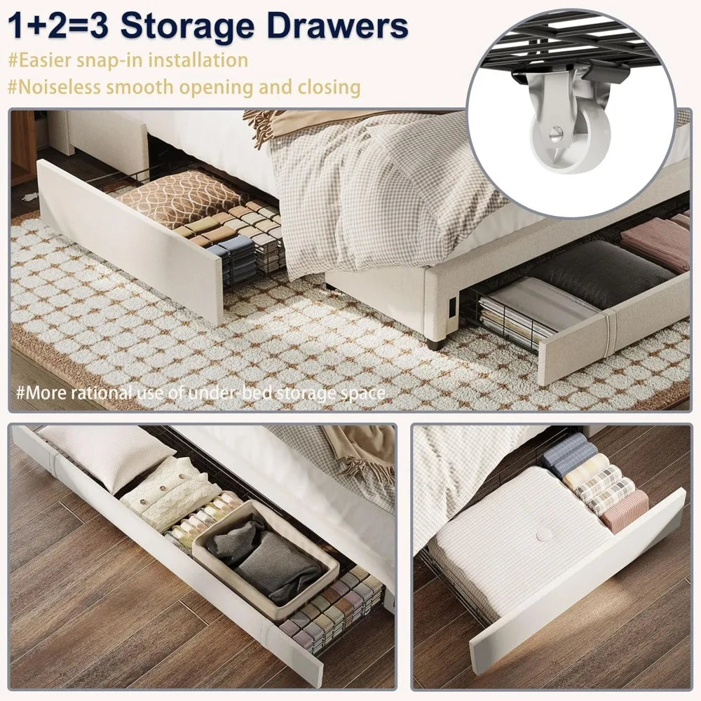 Upholstered Bed Frame, Storage Drawers, Charging Station