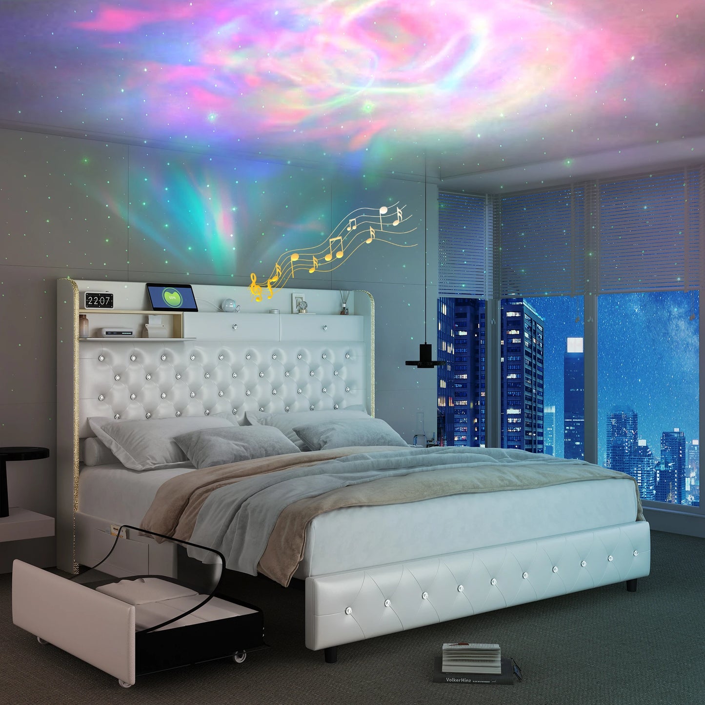 LED Bed Frame, Star Projector, Storage, Charging Station