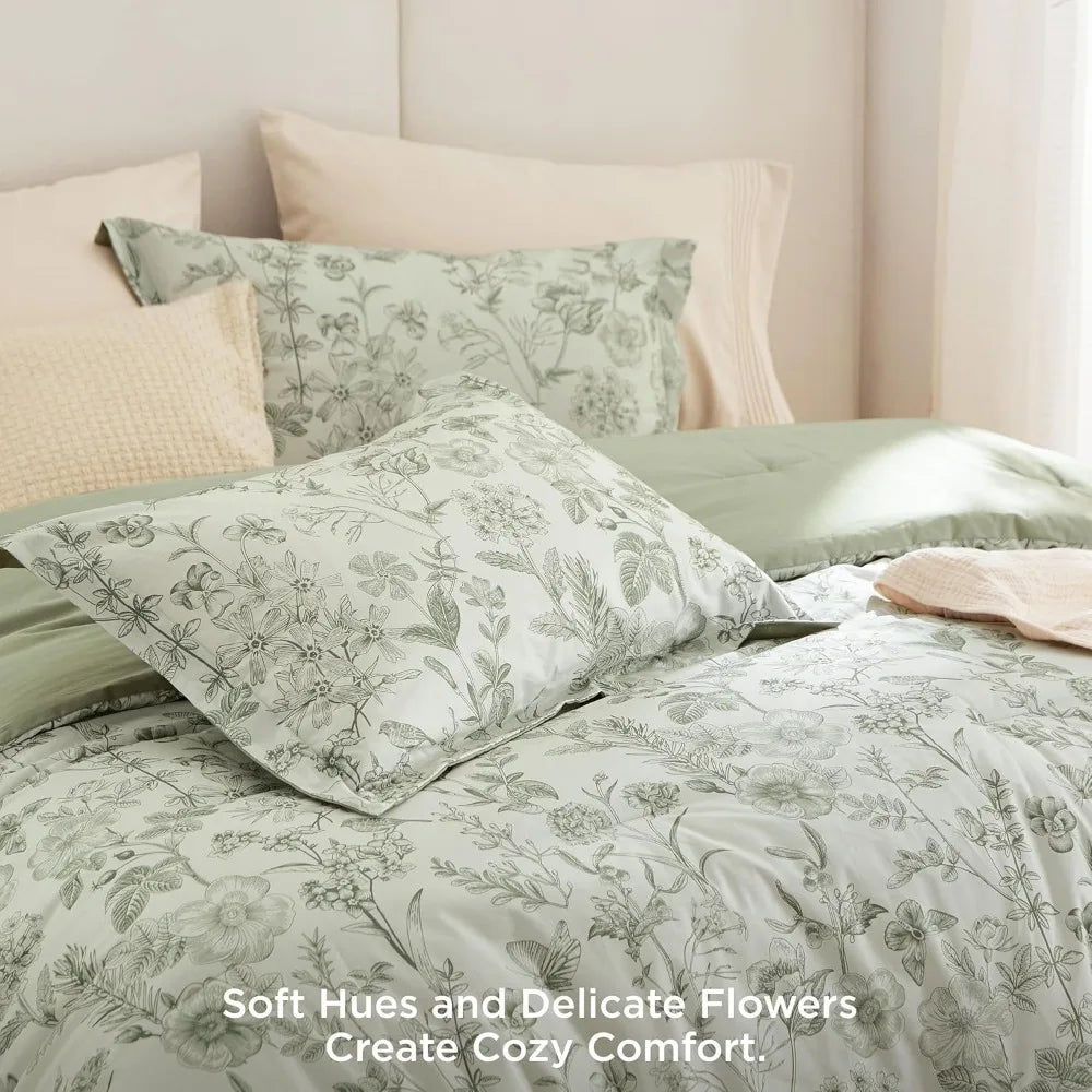 King Size Floral Comforter Set - 100% Cotton Sage Green