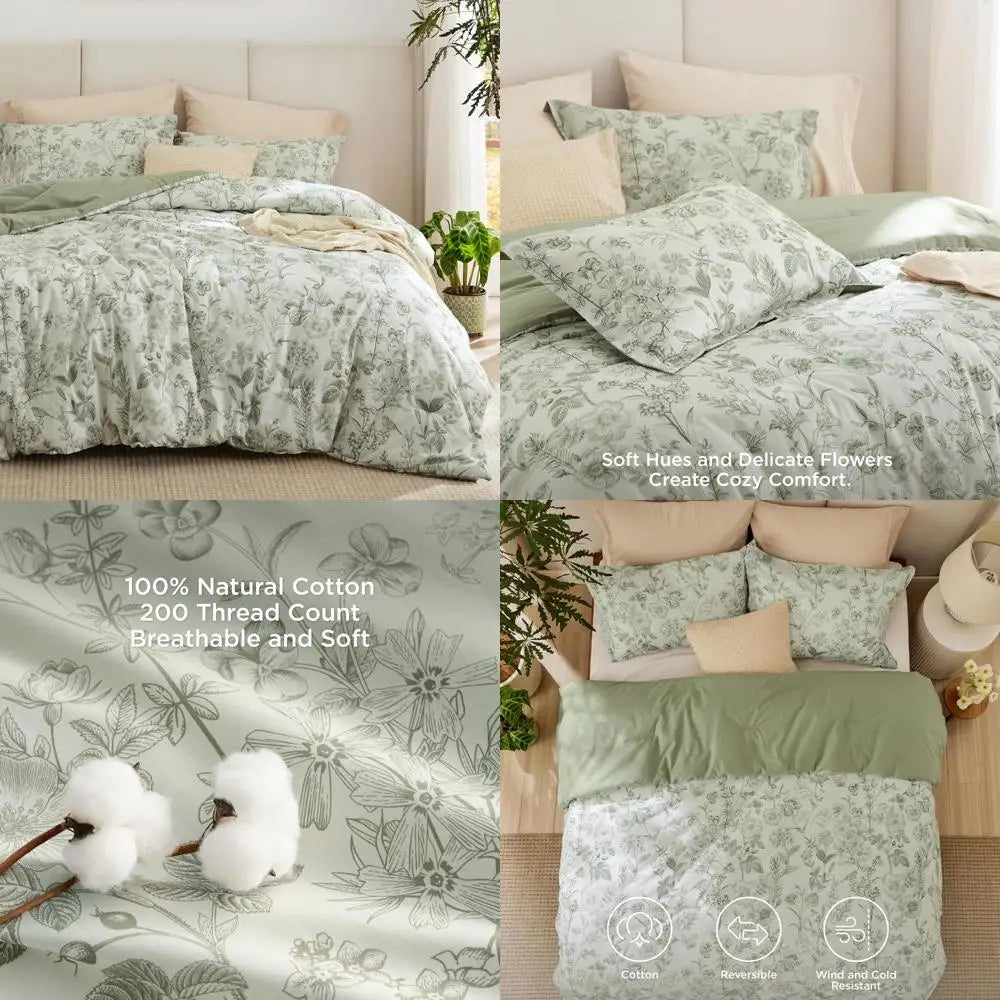 King Size Floral Comforter Set - 100% Cotton Sage Green