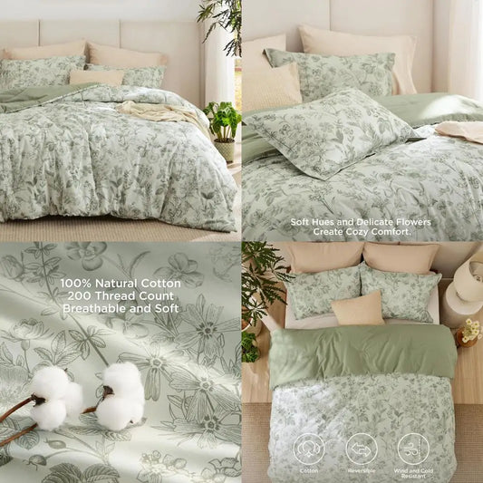 King Size Floral Comforter Set - 100% Cotton Sage Green