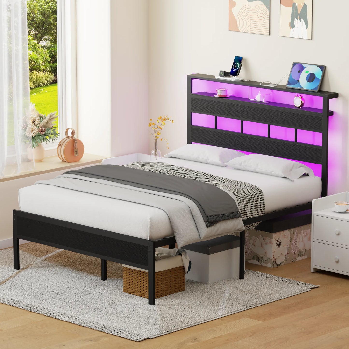 Bed Frame With LED Lights/Charging Station