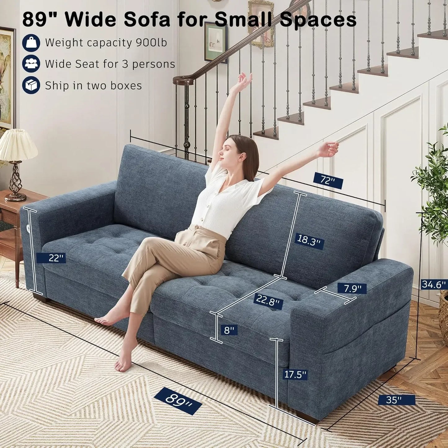 Comfortable 89" Sofa With Medium Firm Cushion, Removable Cover, Wide Armrests