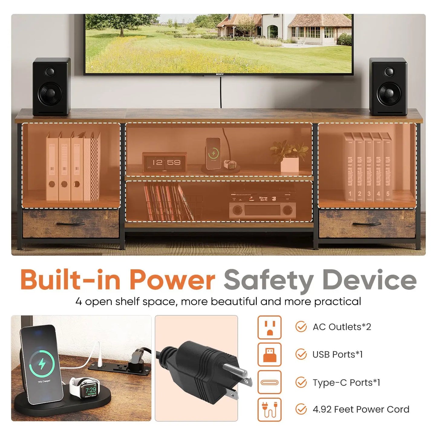 63-Inch Wooden TV Stand for TVs Up to 75 Inches