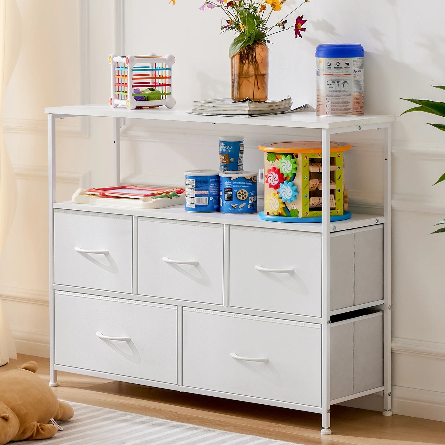 TV Stand Dresser for Bedroom with 5 Fabric Drawers