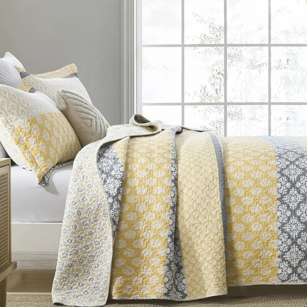 Yellow Cotton Floral Queen Quilt Set
