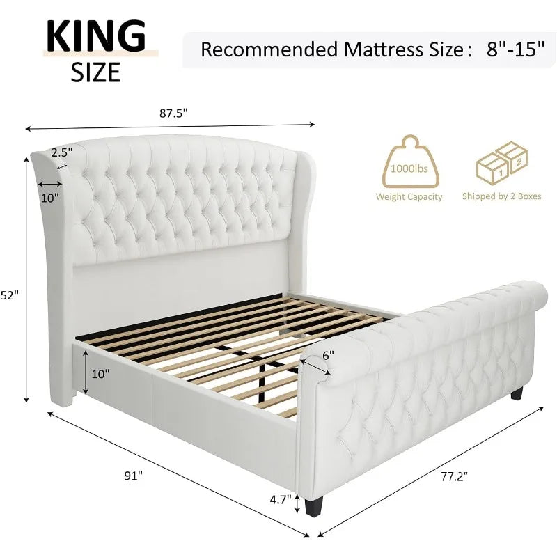 Chenille Sleigh Bed, Tufted Wingback Headboard