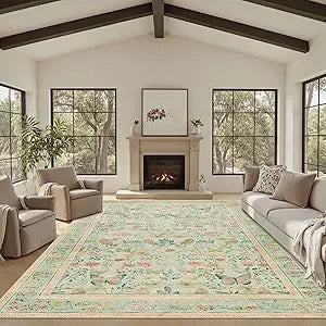 Floral Boho 8x10 Area Rugs, Low Pile Wool Carpets