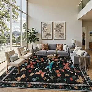 Floral Boho 8x10 Area Rugs, Low Pile Wool Carpets