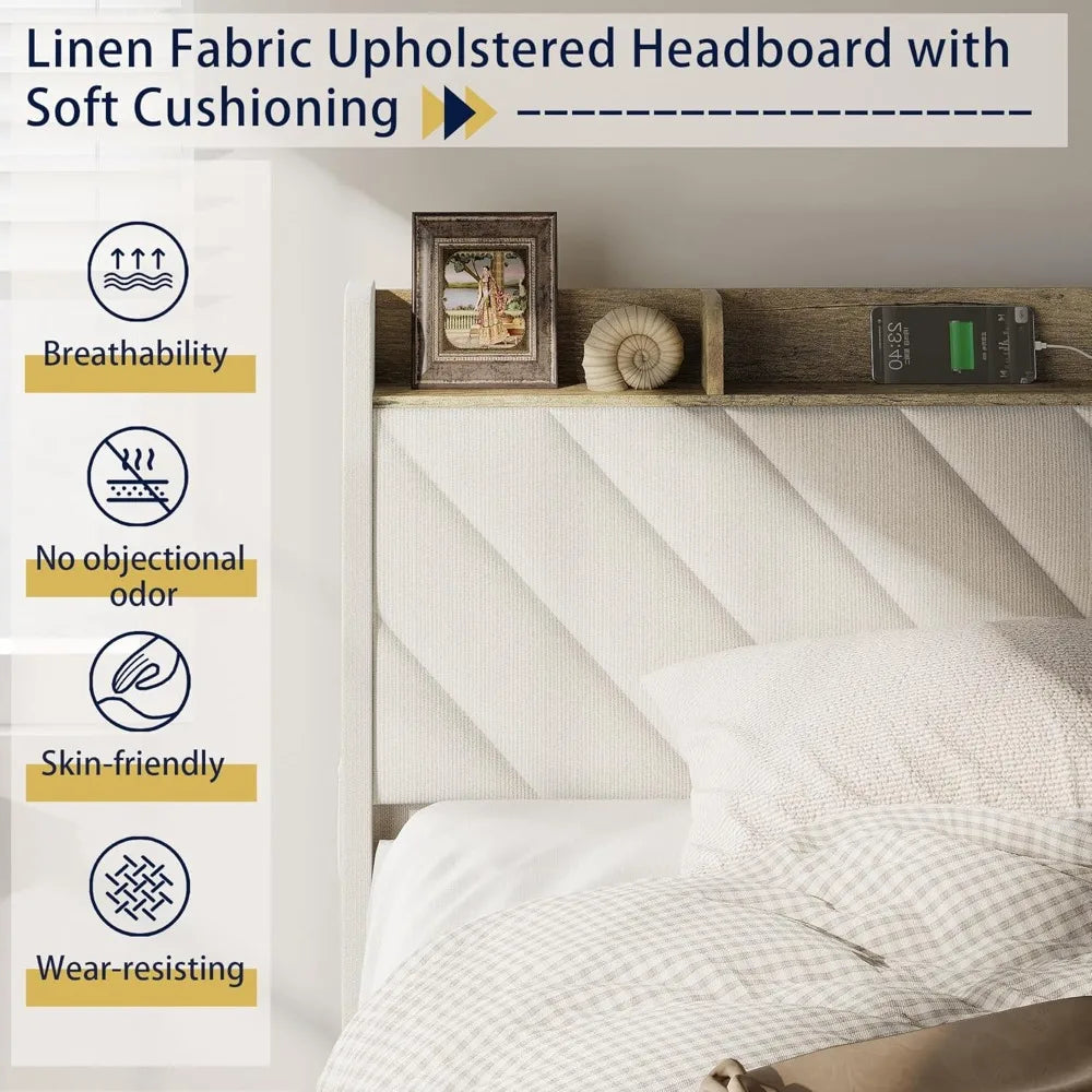 Upholstered Bed Frame, Storage Drawers, Charging Station
