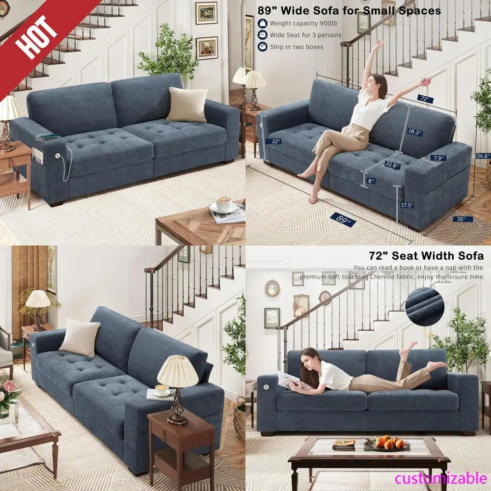 Comfortable 89" Sofa With Medium Firm Cushion, Removable Cover, Wide Armrests