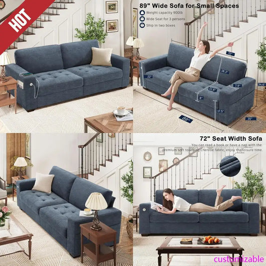 Comfortable 89" Sofa With Medium Firm Cushion, Removable Cover, Wide Armrests