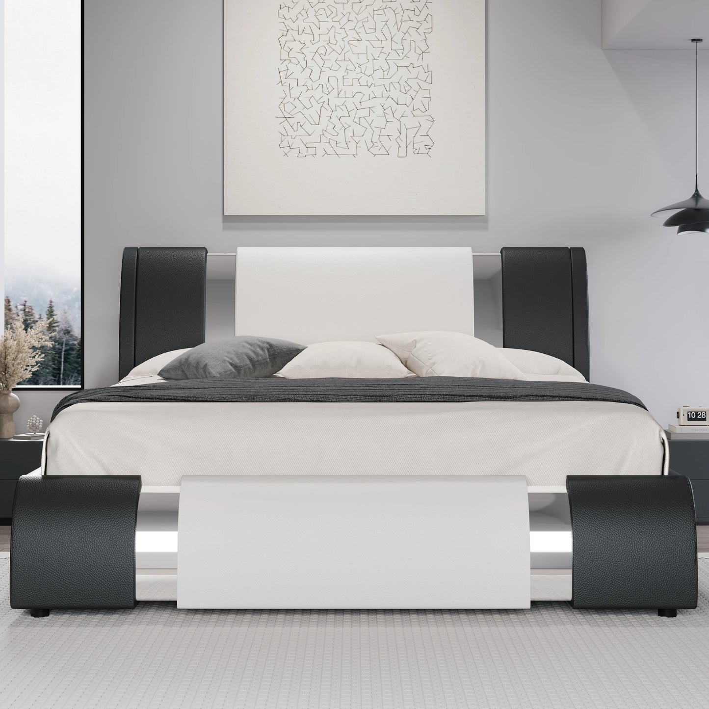 Modern Faux Leather Platform Bed Frame With Iron Accents