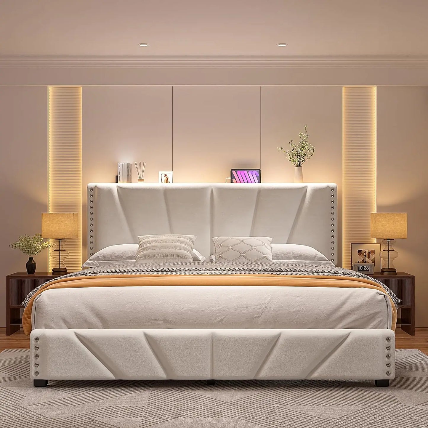 King Size Bed Frame With Velvet Headboard And LED Lights