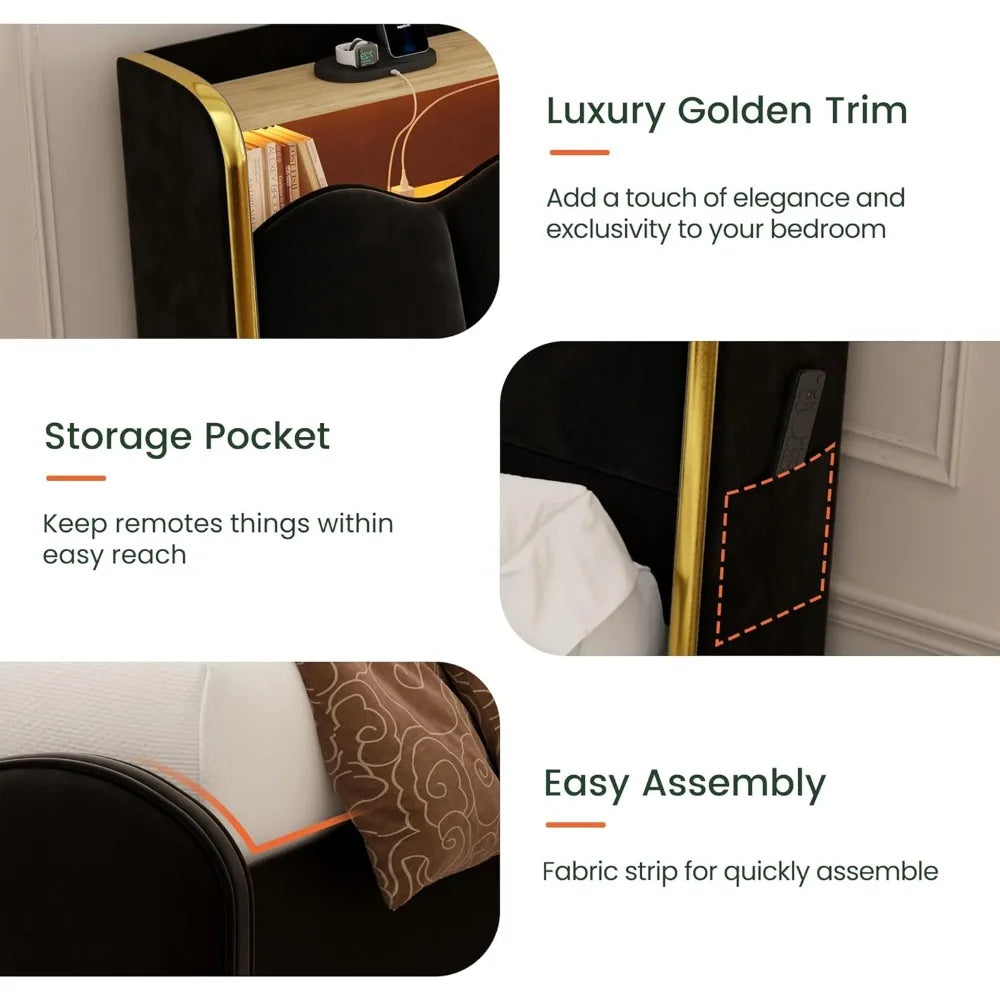 Velvet Bed Frame, LED, Charging, Gold Trim