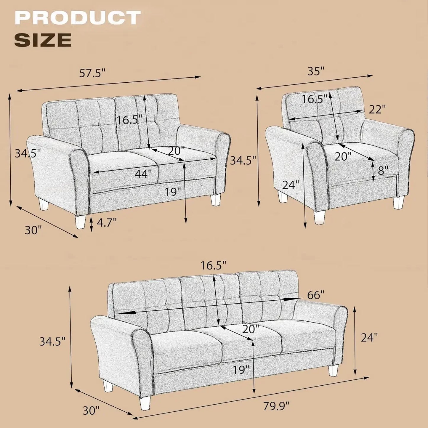 3-Piece Living Room Sofa Set