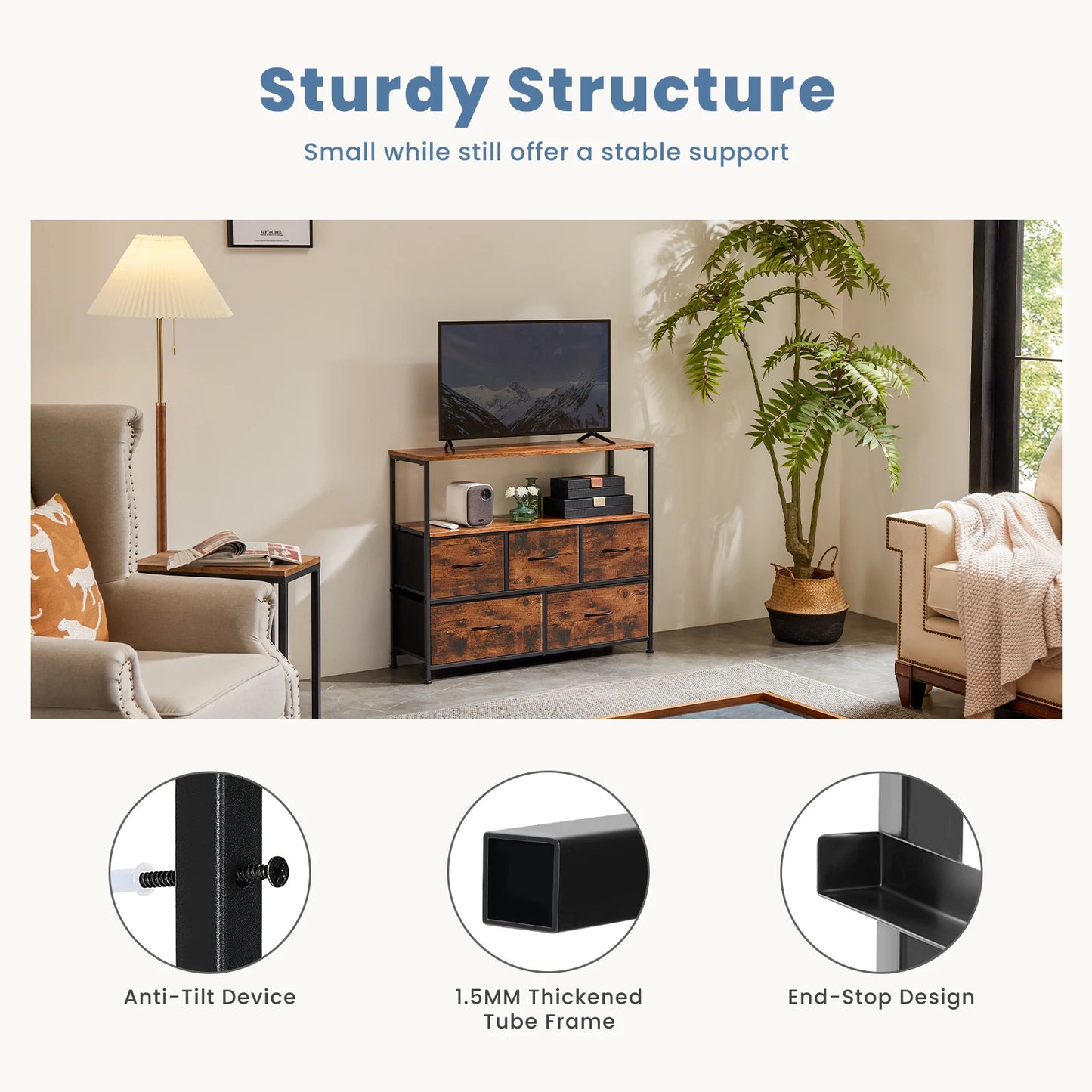 TV Stand Dresser for Bedroom with 5 Fabric Drawers
