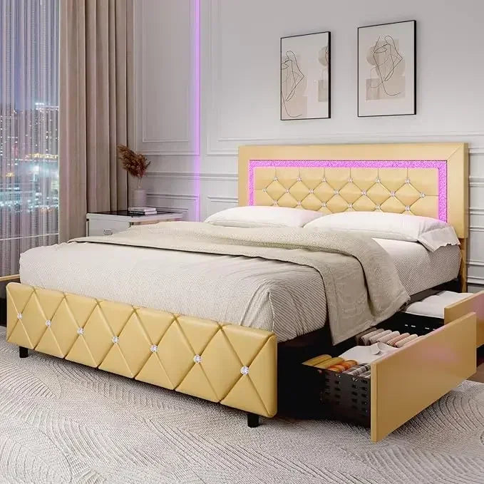 Upholstered Bed Frame with Storage, Diamond Design