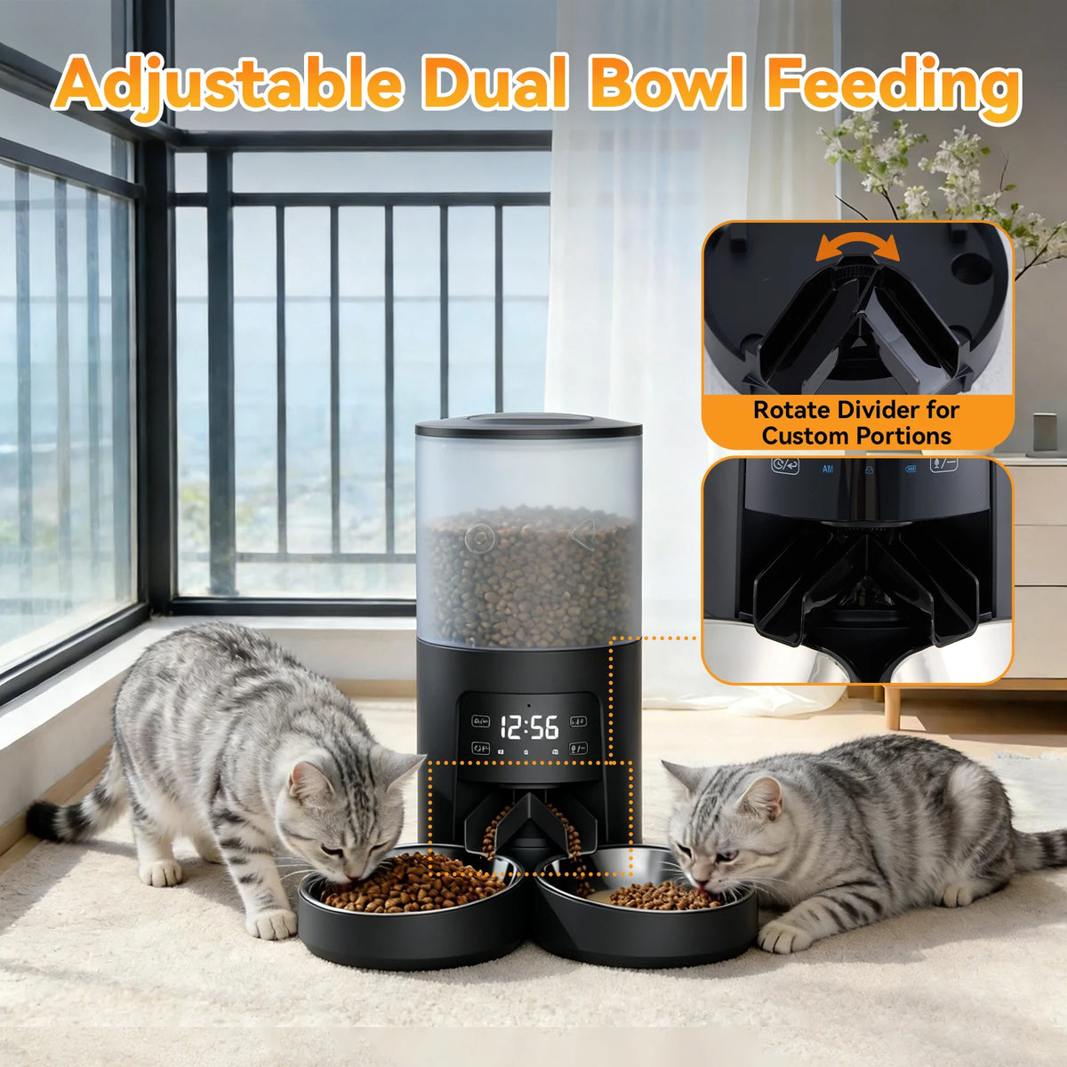 6L Automatic Cat Feeder with 2 Stainless Bowls
