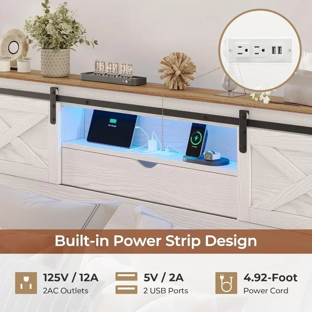 Rustic Bed Frame, LED Lights, Storage Drawers