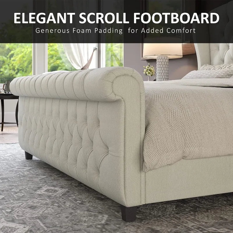 Chenille Sleigh Bed, Tufted Wingback Headboard
