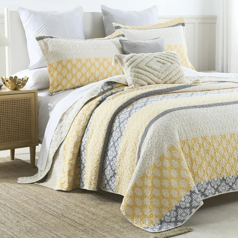 Yellow Cotton Floral Queen Quilt Set