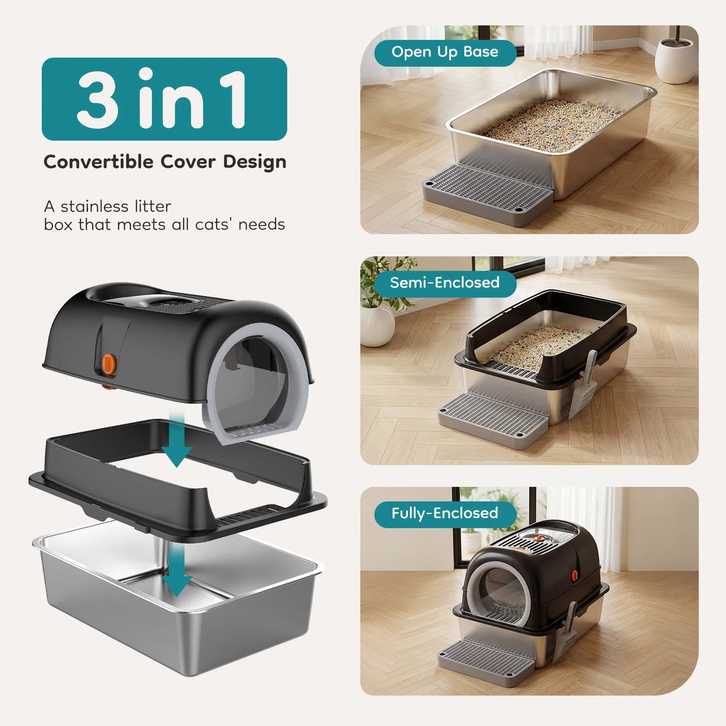 24IN Stainless Steel Cat Litter Box With Lid