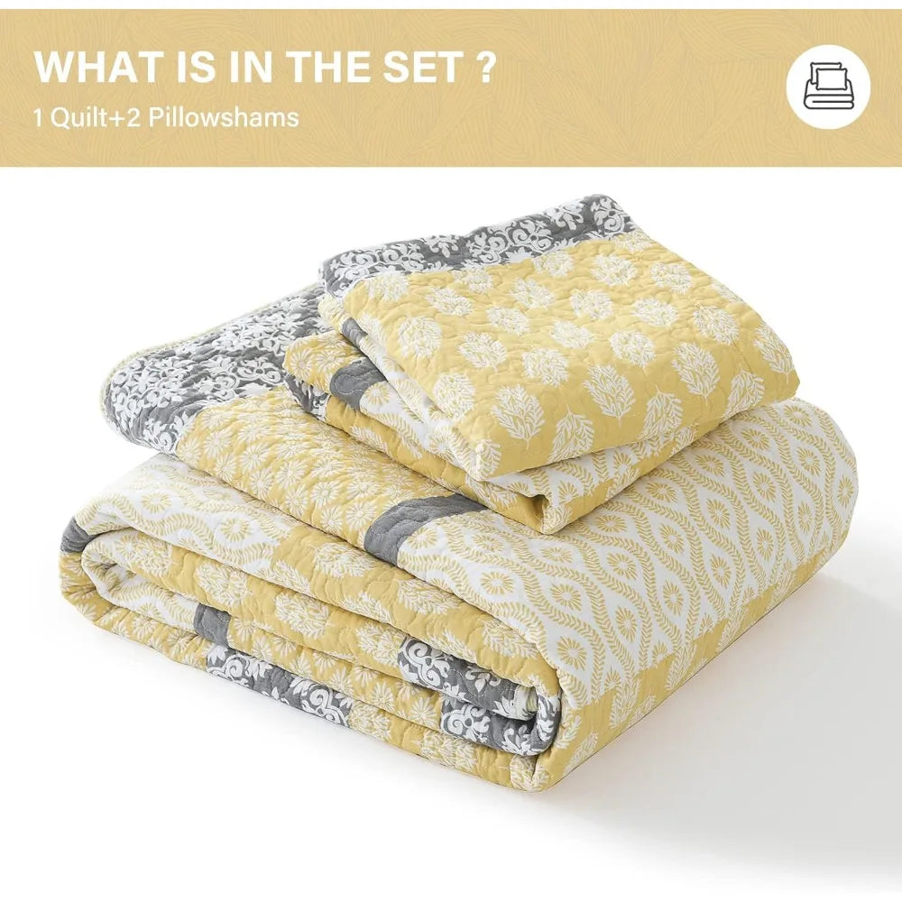 Yellow Cotton Floral Queen Quilt Set