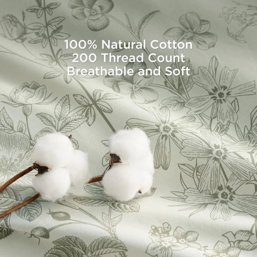 King Size Floral Comforter Set - 100% Cotton Sage Green