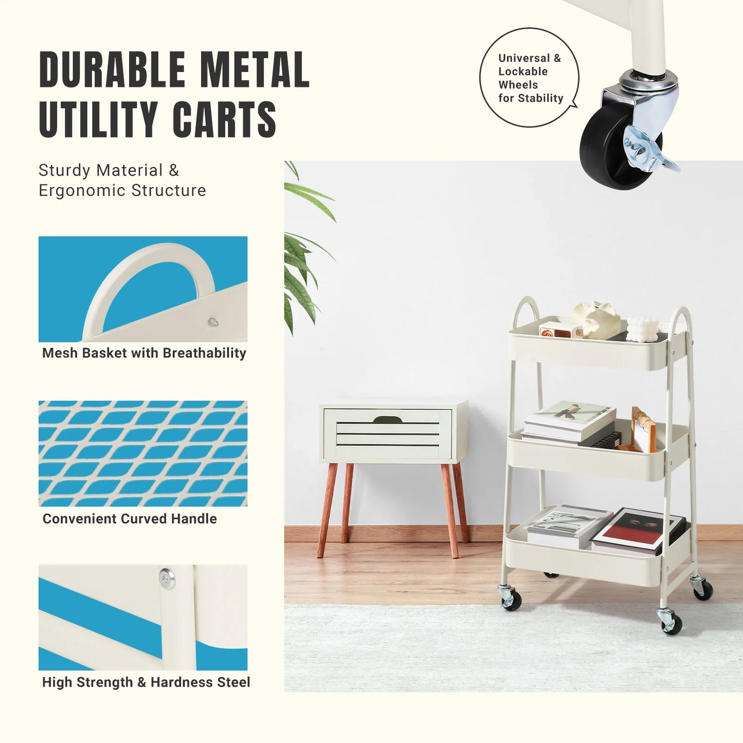 3-Tier Metal Storage Kitchen Cart
