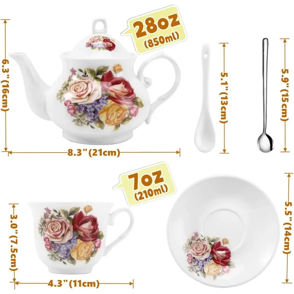 Ceramic 26-Piece Porcelain Tea Set, (7 oz) and teapot (28 oz)