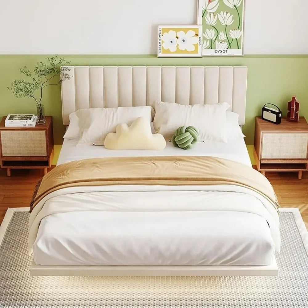 Queen Size Modern Floating Velvet Platform Bed