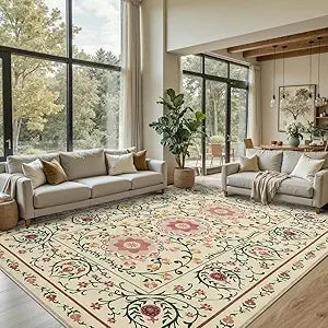 Floral Boho 8x10 Area Rugs, Low Pile Wool Carpets