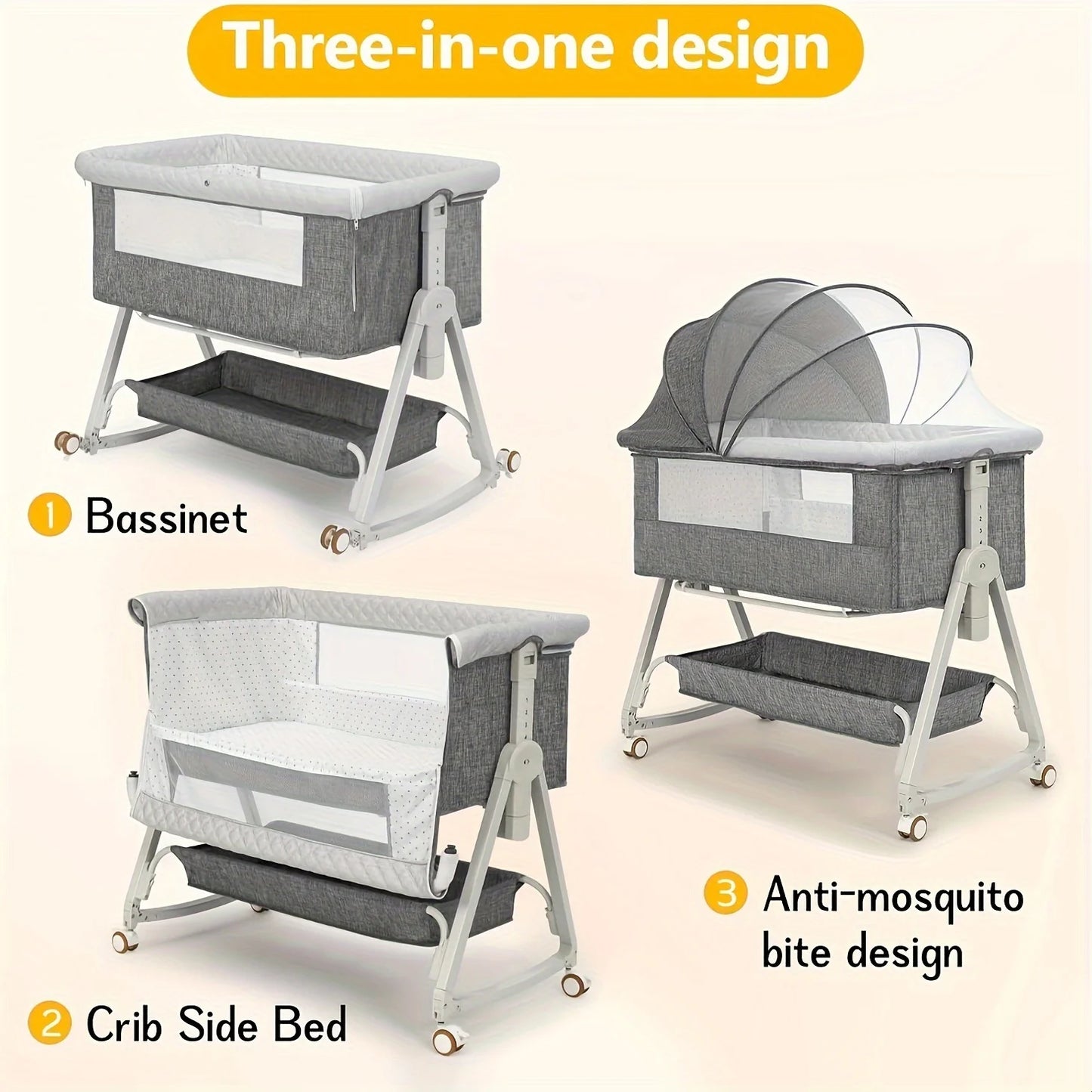 3-in-1 Bassinet Bedside Sleeper With Wheels