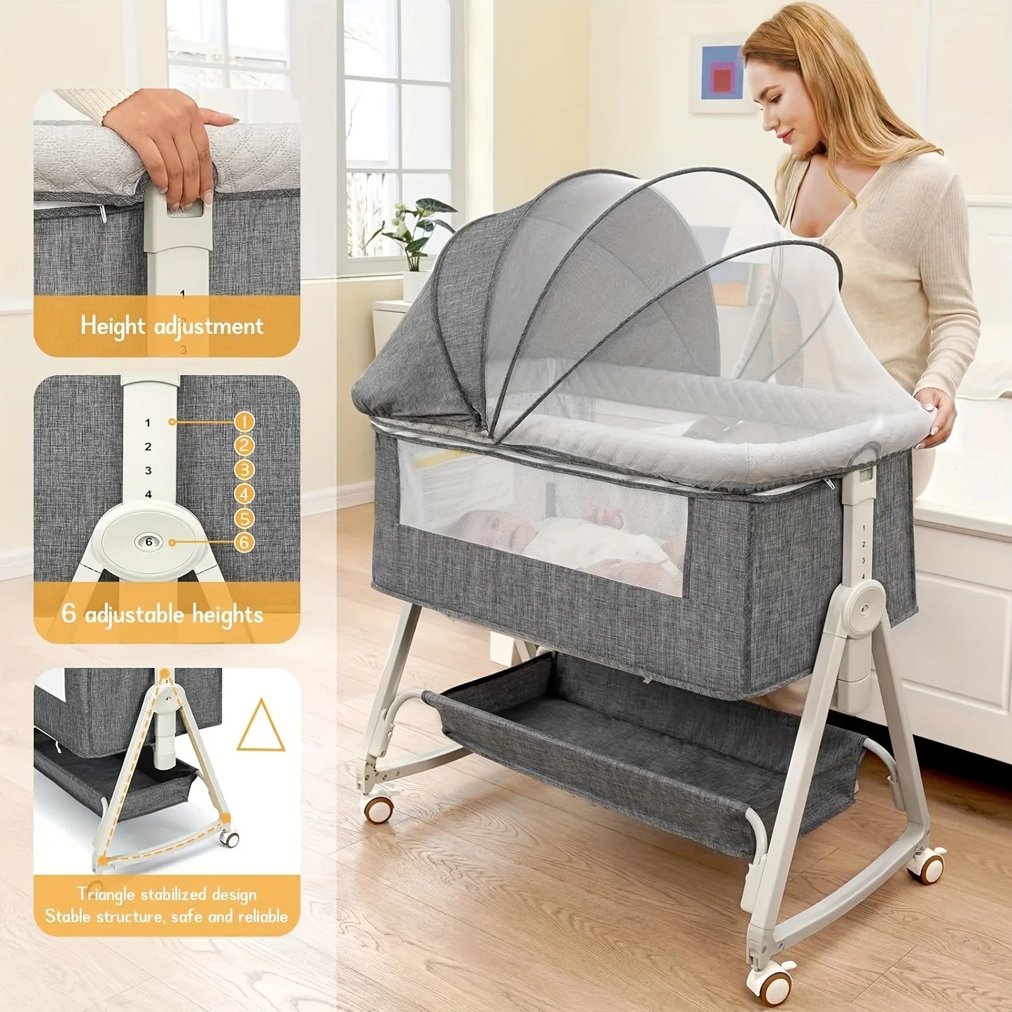3-in-1 Bassinet Bedside Sleeper With Wheels