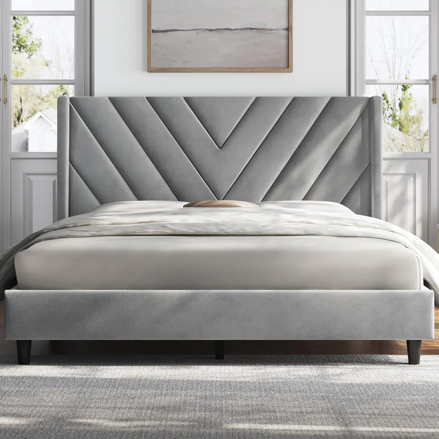 Tufted Queen Platform Bed, Wingback, Wooden Slats