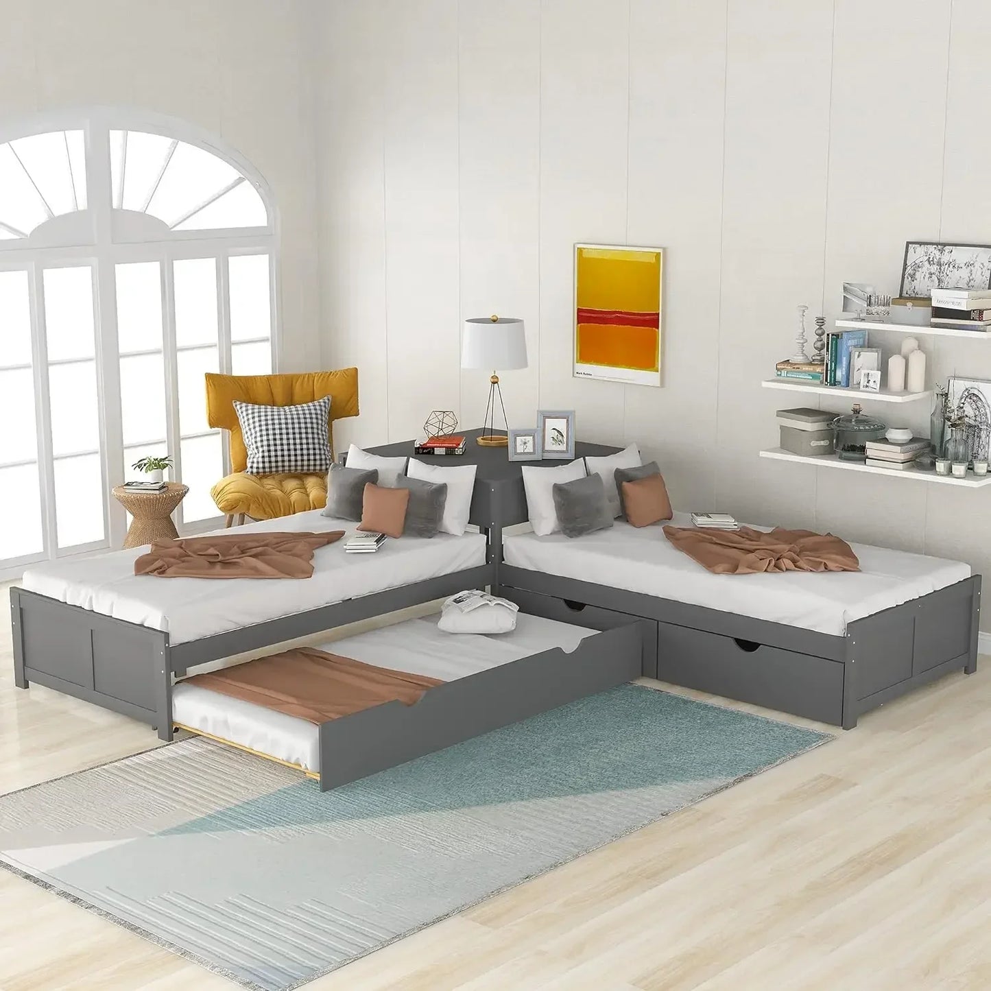 L-shaped Double Corner Bed Frame With Storage Drawers